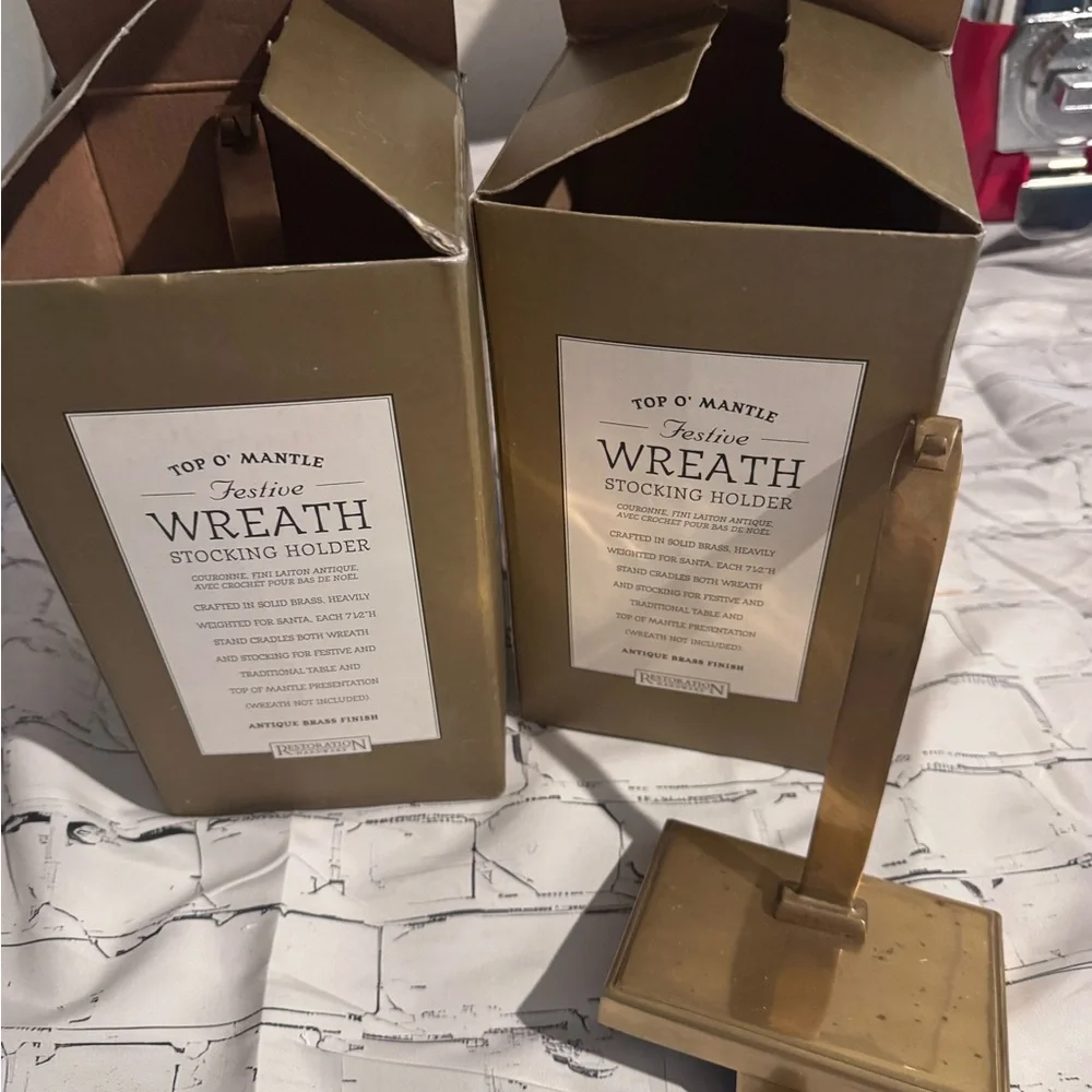 Restoration Hardware Top O’ Mantle Wreath Stocking Holder Antique Set Of 2